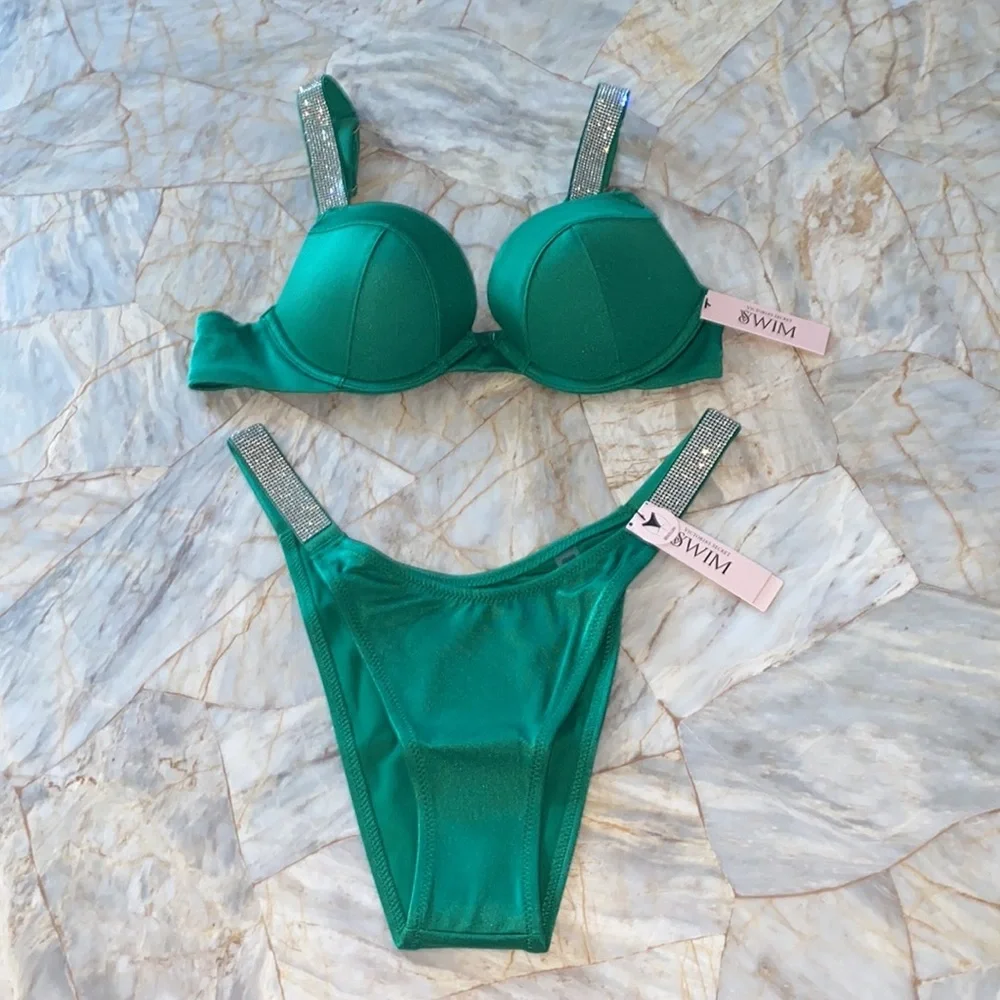 2 Pc Set 38C+ Large Victoria's Secret Swim Shine Strap Sexy Tee Bikini + Bottoms